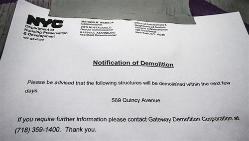 NYC Department of Housing Notice of Demolition